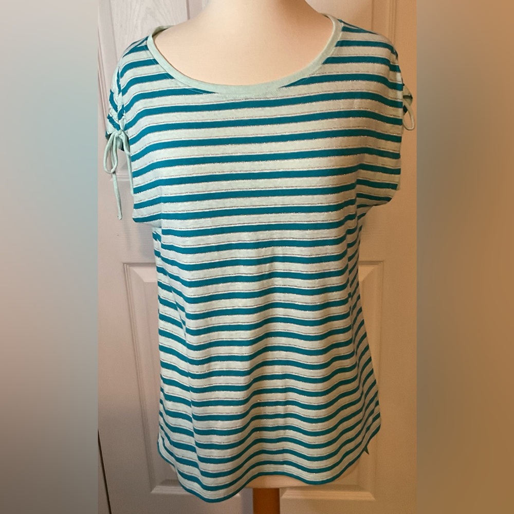 Talbots Blue Silver Striped Short Sleeve Tee Top Ruched Sleeves Linen Medium‎